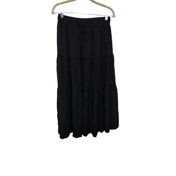 SK 160) Kirundo Solid Black Boho Flowy Tiered Pullon Maxi Skirt Medium - Picture 2 of 7